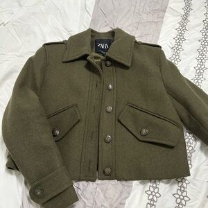 ZARA Olive Green Cropped Wool Jacket